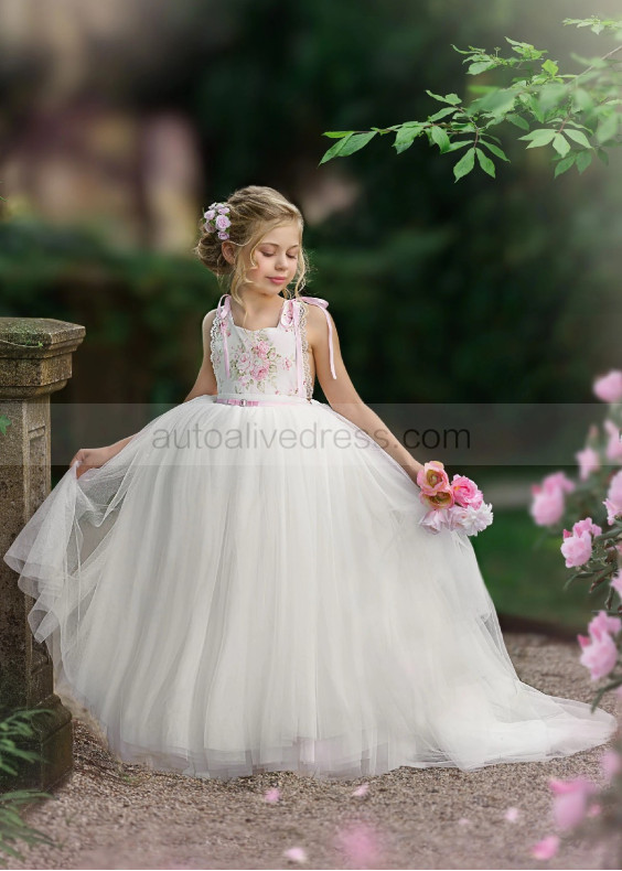 White Tulle Fairytale Flower Girl Dress With Removable Train